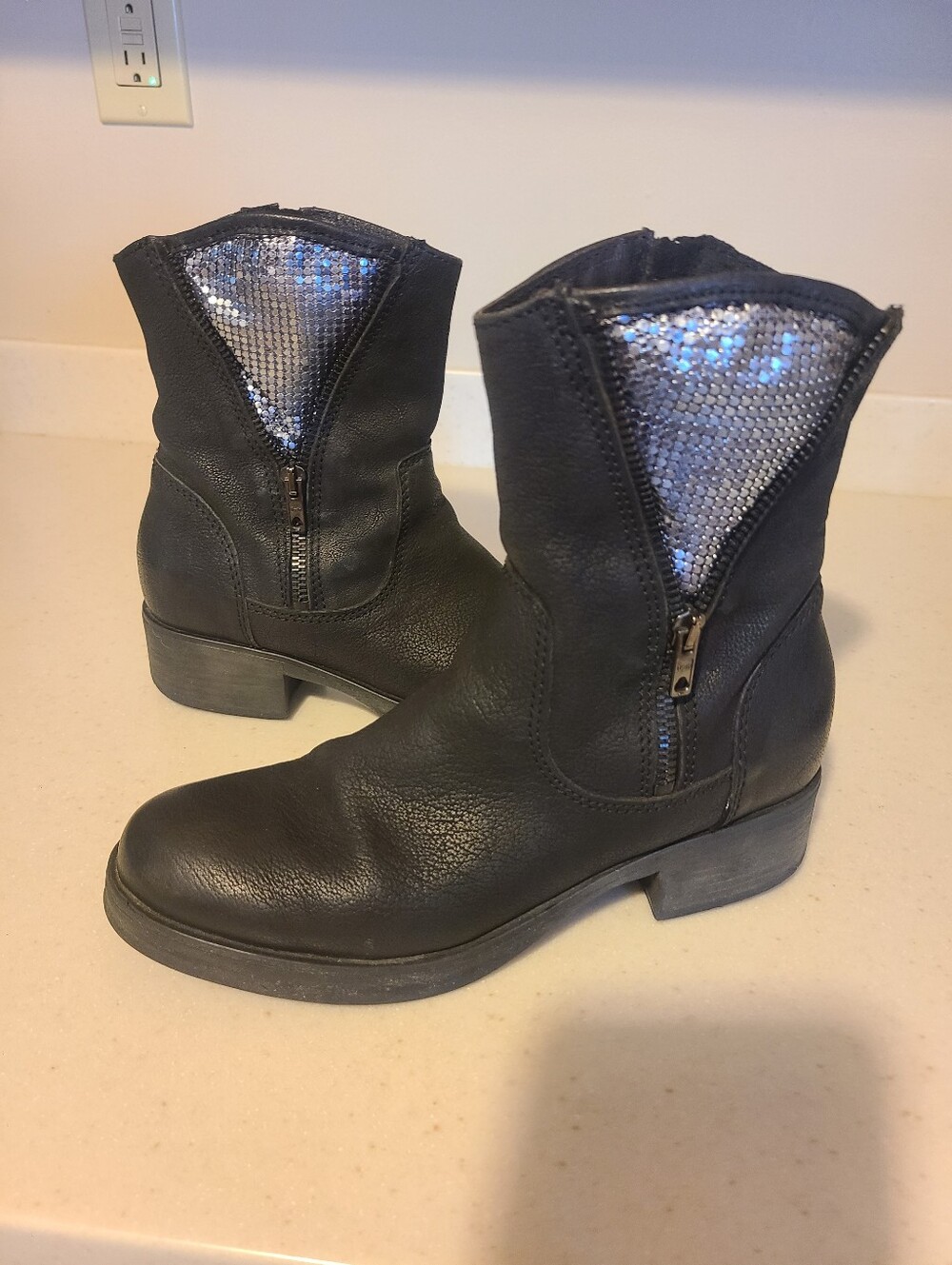 Firenze Y2K Women’s Black Leather Ankle Boots with Metal Mesh Panel